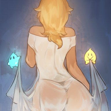 back view, female focus, gelldraws, luma, mario (series), nightgown, princess rosalina, see-through, super mario galaxy, thong