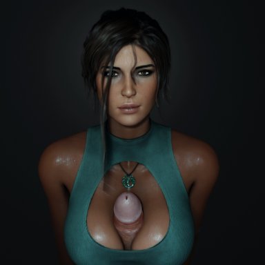 3d, big breasts, big penis, breasts, brown eyes, brown hair, busty, glans, lara croft, large breasts, large penis, long hair, looking at viewer, paizuri, penis