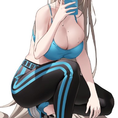 1girls, 2021, alternate costume, asuna (blue archive), bangs, bare shoulders, black pants, blue archive, blue eyes, blue ribbon, blue sports bra, blush, breasts, cellphone, cleavage