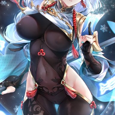 1girls, abs, absurd res, belly button, big breasts, black bodysuit, blue eyes, blush, bodysuit, breasts, bulge, clothed, clothing, detailed background, genshin impact