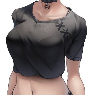 1girls, arms behind back, bangs, belt, big breasts, black panties, black pants, black shirt, bra strap, bracelet, bralines, breasts, busty, collar, collarbone