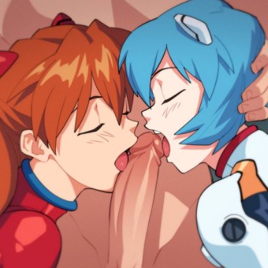 1boy, 2girls, asuka langley sohryu, double fellatio, erection, fellatio, female, neon genesis evangelion, oral, penis, plugsuit, rei ayanami, straight, suoiresnu, tongue