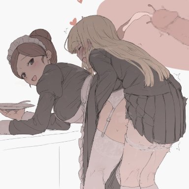 1futa, 1girls, bent over, black skirt, blonde hair, breasts, brown eyes, brown hair, censored, closed eyes, clothed, clothed sex, clothing, commentary, cross section