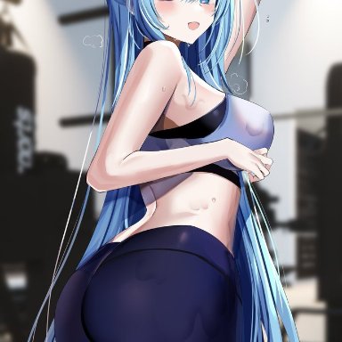 1girls, absurd res, adamant369, aqua (konosuba), arched back, arms behind head, arms up, ass, back, back view, big ass, big breasts, big butt, blue eyes, blue hair