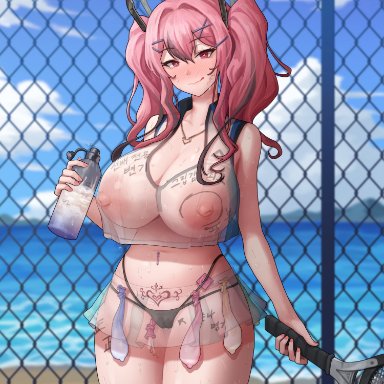 :q, alternate version available, areola, azur lane, belly, big areola, big breasts, body writing, bremerton (azur lane), bremerton (scorching-hot training) (azur lane), cameltoe, condom belt, filled condom, filled condoms, heart-shaped pupils