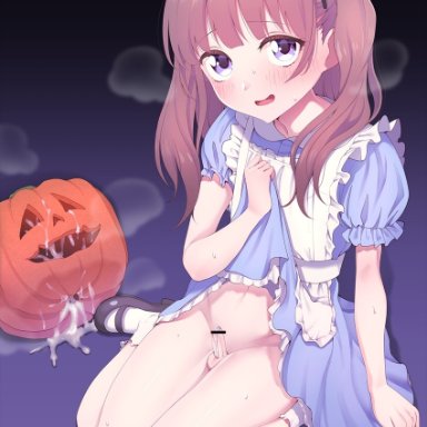 1boy, after ejaculation, after masturbation, apron, bangs, bar censor, black bow, blue dress, blunt bangs, blush, bow, brown hair, censored, clothes lift, commentary request