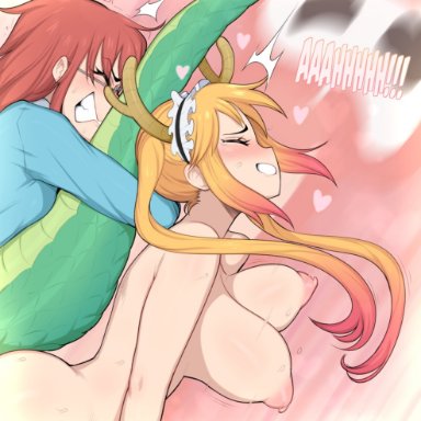 1futa, 1girls, afrobull, blonde hair, blush, bouncing breasts, breasts, clenched teeth, cum, cum in pussy, dragon girl, dragon horns, dragon tail, duo, ejaculation