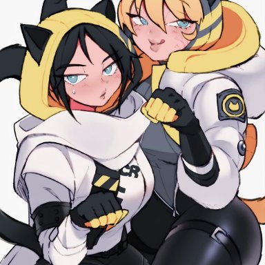 2girls, apex legends, belt, cat ears, cat tail, clothed, eyebrows visible through hair, horny, horny female, naughty face, scar, simple background, thick, thick ass, thick hips