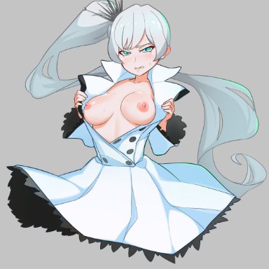 aqua eyes, blush, breasts, breasts outside, dekasuji, dress, exposed breasts, flashing, flashing breasts, frown, grey background, long hair, looking at viewer, no bra, open jacket