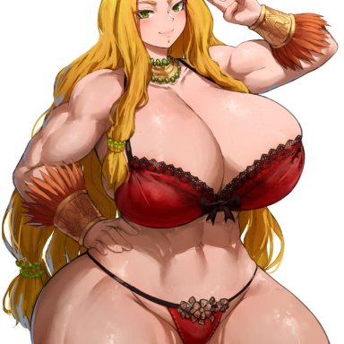 1girl, abs, batako, big breasts, blonde hair, fate/grand order, fate (series), female focus, green eyes, long hair, muscular female, peace sign, quetzalcoatl (fate), solo female, tagme