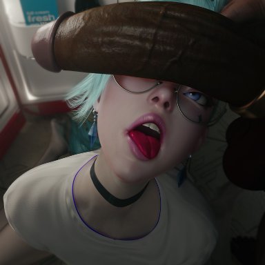 3d (artwork), bbc, blue hair, choker, cock ring, dark-skinned male, earrings, generalbutch, glasses, hair grab, interracial, league of legends, mouth open, painted nails, pink lipstick