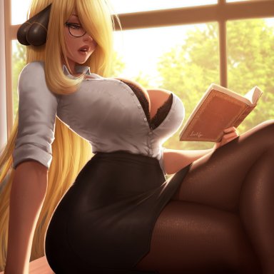 1girls, 2021, artist signature, barely contained, big ass, big breasts, big butt, black bra, black glasses, black lingerie, black skirt, blonde hair, boobs, book, bra