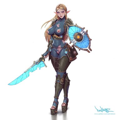 alternate universe, ancient set (zelda), armor, blonde hair, blue eyes, blush, bodysuit, braid, breasts, breath of the wild, cameltoe, covered erect nipples, crown braid, energy, energy barrier