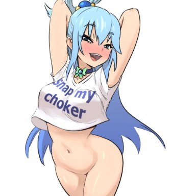 1girls, aqua (konosuba), arms behind head, arms up, big breasts, blue eyes, blue hair, blush, bottomless, breasts, choker, eye contact, female, fuck-me shirt, goddess