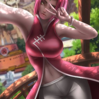 1girls, armpits, bbw, big breasts, bob cut, boruto: naruto next generations, bracelet, busty, clothed, clothing, crop top, curvaceous, curvy, detailed background, dress