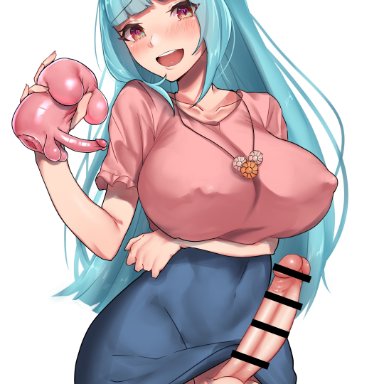 1futa, absurdres, arm under breasts, artificial vagina, balls, bangs, big breasts, big penis, blue shirt, blush, breasts, censored, clothed, clothes lift, clothing