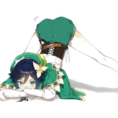 1boy, ass, ass up, black hair, blush, braid, clothed, femboy, genshin impact, jack-o pose, kkopoli, teal eyes, teal hair, trap, venti (genshin impact)