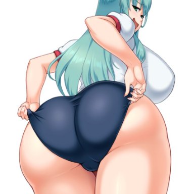 ass focus, big ass, big breasts, bloomers, cameltoe, clothes pull, female, female only, green eyes, gym uniform, huge ass, huge breasts, kantai collection, kawanuma uotsuri, long hair