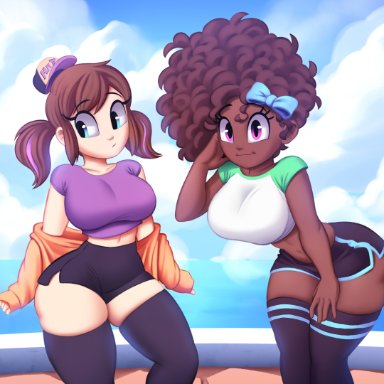 2girls, a hat in time, aged up, big breasts, blue eyes, bow, bow adult, bow kid, clothed, clothing, curly hair, cute, dark-skinned female, dark skin, female
