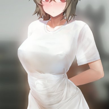 1futa, absinthe (arknights), absurdres, alternate costume, animal ears, arknights, arms behind back, balls, bangs, bear ears, big breasts, big penis, black hairband, blurry, blurry background