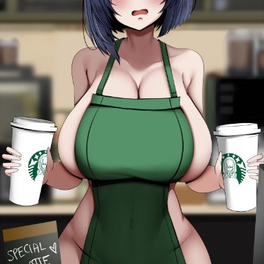1girls, 2021, apron, apron only, artist signature, astraea (atelierastraea), black hair, breasts, cleavage, coffee cup, female, female only, flustered, genshin impact, green apron