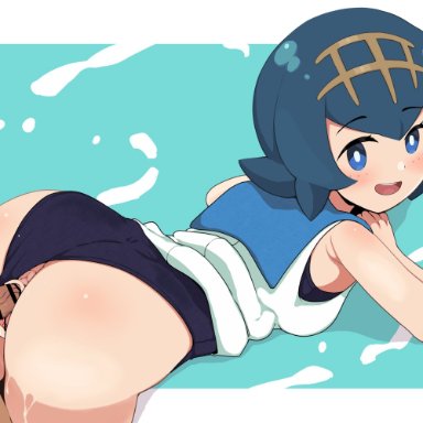 1boy, ass, bar censor, bent over, blue background, blush, border, bright pupils, censored, clothed female nude male, clothed sex, clothing aside, female, gold hairband, hairband