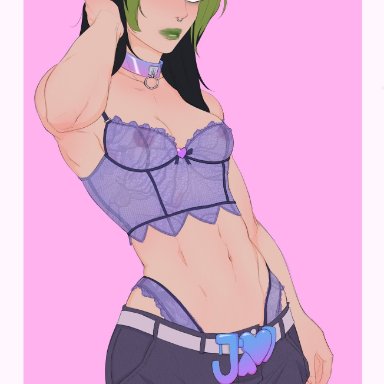 1girls, cleavage, haruhssment, jojo's bizarre adventure, jolyne kujo, lingerie, see-through, simple background, small breasts, solo, stone ocean, two-tone hair