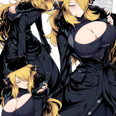 big breasts, black jacket, black leggings, blonde hair, breasts, cleavage, cynthia (pokemon), hat, jacket, large breasts, leggings, long hair, pokemon, pokemon dppt, suzusiigasuki