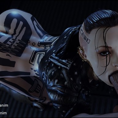 3d, ass, athletic female, black lipstick, fellatio, female, human, jack (mass effect), male, mass effect, penis, tomoganim