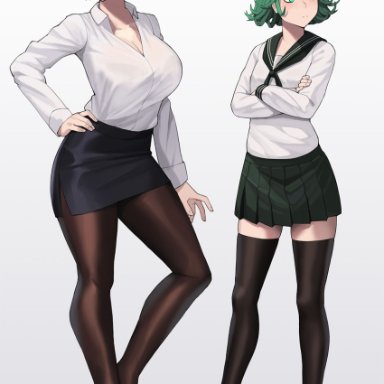 2girls, alternate costume, black footwear, black hair, breasts, cleavage, crossed arms, donburikazoku, female focus, fubuki (one-punch man), full body, green eyes, hand on hip, highres, large breasts