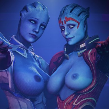 3d, alien girl, asari, blue skin, breasts, group hug, liara t'soni, mass effect, poster, samara (mass effect), sfm, skeletron27, source filmmaker, together