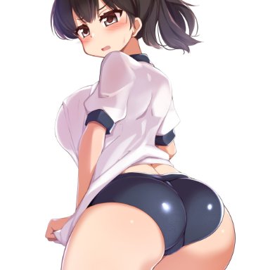 ass focus, big ass, big breasts, bloomers, blush, brown eyes, brown hair, bubble butt, female, female only, gym uniform, huge ass, kaga (kantai collection), kantai collection, kurokoshou (emuburemu123)