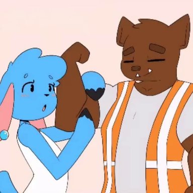 2boys, anal, anal penetration, anal sex, animated, balls, bear, big penis, black fur, blue fur, blue hair, blush, bulge, bulge through clothing, bunny