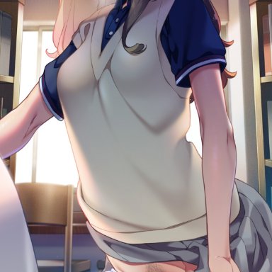 1boy, 1futa, belt, big penis, blue shirt, blush, breasts, censored, clothed, clothing, erection, female, female pubic hair, fully clothed, futa focus