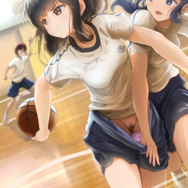 1boy, 2girls, accidental exposure, accidental pervert, arm up, artist request, assisted exposure, ball, basketball, basketball court, blue eyes, blue shorts, blue stripes, breasts, brown eyes