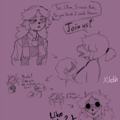 1boy, 1boy2girls, 2girls, anthro, anthro on anthro, bisexual, bisexual (female), comic, deltarune, english text, female, furry, human, human on anthro, kris (deltarune)