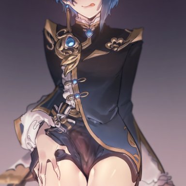 1boy, bangs, blue hair, blush, bulge, chinese clothes, closed mouth, commentary request, covered penis, earrings, erection, erection under clothes, eyebrows visible through hair, eyes visible through hair, femboy