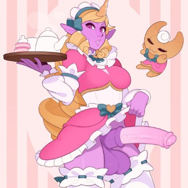 animal genitalia, animal penis, cafe cutie soraka, futanari, horsecock, huge cock, league of legends, lifting skirt, maid outfit, purple skin, solo, soraka, splashbrush