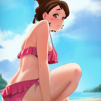 1girls, ass, atric18, bikini, blush, brown eyes, brown hair, eye contact, female, looking at viewer, looking back, my hero academia, ochako uraraka, sitting, thighs