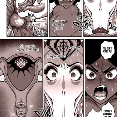 1futa, 1girls, :>=, anadenanthera peregina (fellatrix), comic, confused look, dark-skinned futanari, dark skin, deepthroat, demon, demon girl, erection, fellatio, fellatrix, female