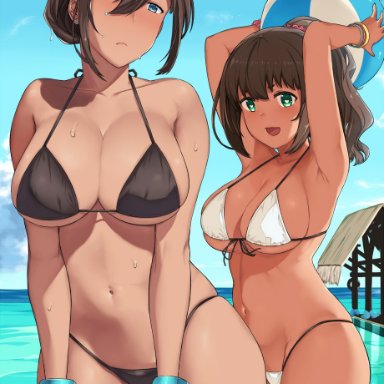 2girls, arm up, armpits, arms behind head, bare arms, bare legs, bare midriff, bare shoulders, bare thighs, beach, beach ball, belly button, bikini, bikini bottom, bikini top