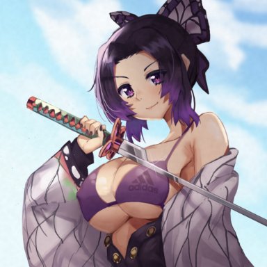 big breasts, bikini top, blush, butterfly hair ornament, dayshiart, demon slayer, female, female only, haori, katana, kimetsu no yaiba, kochou shinobu, looking at viewer, nail polish, nipple bulge