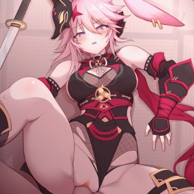 1boy, animal ears, animated, ass, ass visible through thighs, bare shoulders, blue eyes, blush, bow, breasts, clothing aside, detached collar, detached sleeves, ear piercing, eyebrows visible through hair