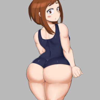 1girls, ?, ass, big ass, big butt, breasts, brown eyes, brown hair, female, grey background, jmvmaa, large ass, looking at viewer, looking back, my hero academia