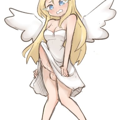 1futa, ahoge, angel wings, balls, big penis, blonde hair, blue eyes, blush, bottomless, breasts, broken halo, brown footwear, bulge, cleavage, clothed