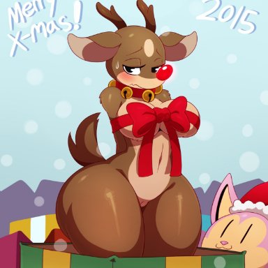 2015, :3, anthro, antlers, ass, bell, big ass, big breasts, blush, bodily fluids, bondage, bondage, bottomless, bound, bow knot