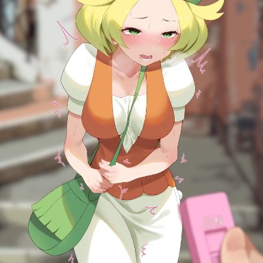 1other, bag, beret, between breasts, bianca (pokemon), blonde hair, blurry, breasts, breath, clothing, commentary request, discreet vibrator, dress, female, forced orgasm