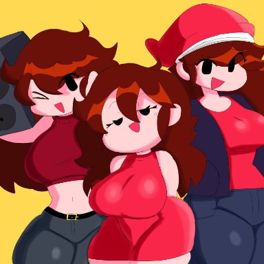 3girls, big breasts, breasts, brown hair, female, female only, friday night funkin, girlfriend (friday night funkin), large breasts, long hair, mochikirb, red dress, thick thighs, thighs, tight clothing