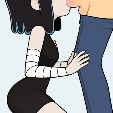 arm socks, black hair, blowjob, blue jeans, blush, brother and sister, faceless male, fully clothed, goth, goth girl, hair over eyes, hairless balls, hairless penis, hands on knees, hetero sex