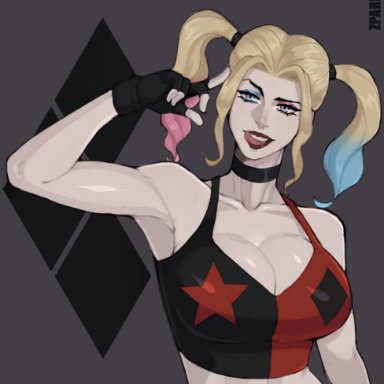 1girl, big breasts, breasts, bulging breasts, bustier, choker, cleavage, crazy, dc comics, diamond, fingers, hair dye, harley quinn, harley quinn (series), looking at another